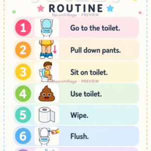 NeuroVillage seven-step toilet routine poster with three subtle preview wordmarks.