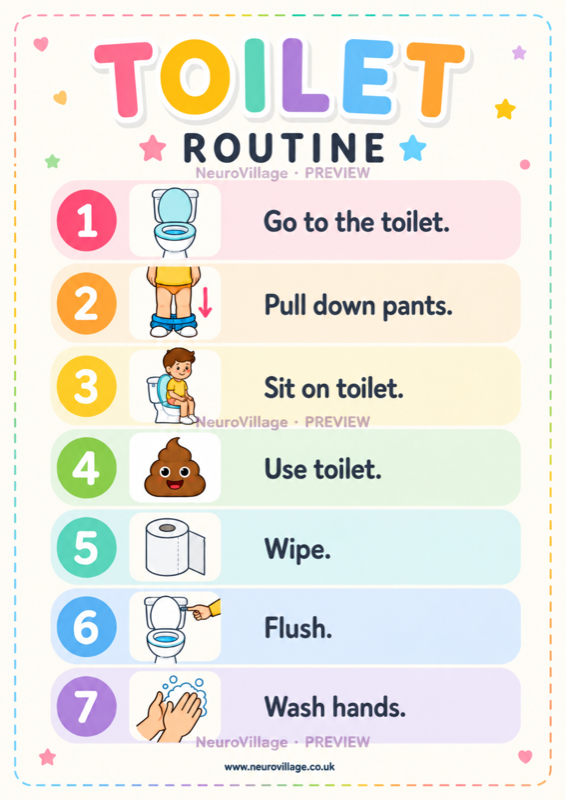 Preview of the seven-step NeuroVillage toilet routine poster